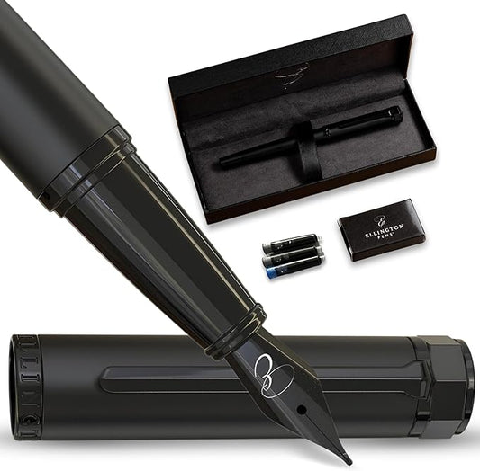Ellington Pens Luxury Fountain Pen Set - Smooth Fine Nib - Includes 3 Ink Cartridges, Refillable Ink Converter, Gift Box - Fountain Pens For Writing, Calligraphy, Journaling, Sketching (The Stealth)