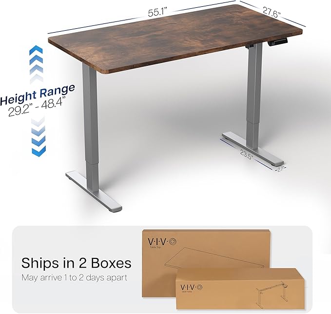 VIVO Electric 55 x 28 in Standing Desk, Memory Height Adjustment, 1B Series, Holds 220 lbs, One-Piece Rustic Vintage Brown Top, Gray Frame, DESK-KIT-1G55N