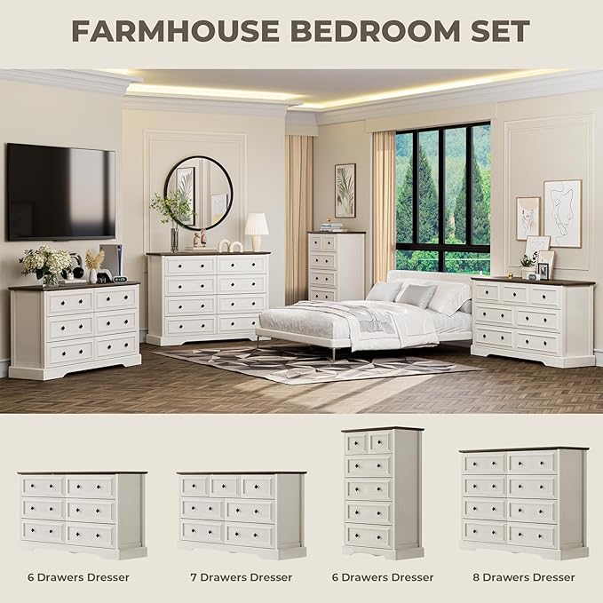 VVFLU Farmhouse 7 Drawer Dresser for Bedroom, 54" Wide Wooden Dresser with Natural Texture & Vintage Metal Knobs, Large Chest of Drawers for Bedroom, Living Room, Hallway, Antique White