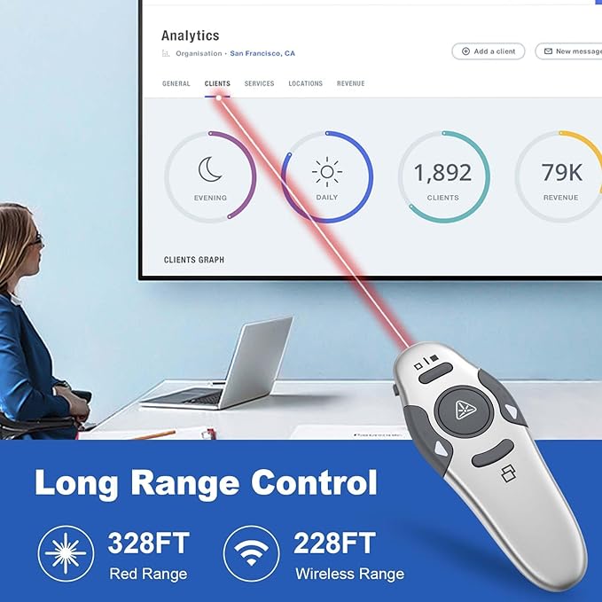QUI Presentation Clicker Wireless Presenter Remote Clicker for PowerPoint Presentation Remote, PowerPoint Slide Advancer for Mac/Windows/Linux, Google Slide/PPT/Keynote, USB A, Silver
