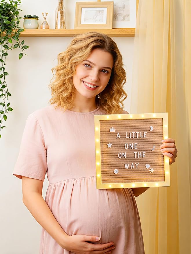 Changeable Felt Letter Board with LED Lights - 10×10" Message Custom Signs & Wood Stand & 450 Letters, Poster Board for Valentine's Day/Baby/Pregnancy Announcement/Classroom Wall Decor Gifts, Camel