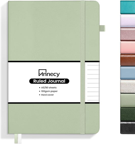Annecy Lined Journal Notebook, Hardcover Leather Journal for Women & Men, 160 Numbered Pages, Medium 5.5" x 8.25", 100 GSM Thick Paper, Grey Green