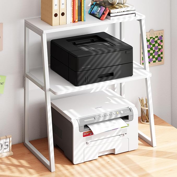 Arbuxzuy Printer Stand for Desk, Desktop Printer Shelf, 3 Tier Desk Shelf for top of Desk, Large Printer Stands Office Organization Shelves for Home Office Printer Fax Book, White
