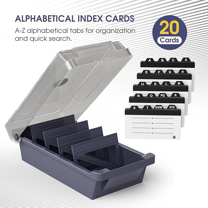 MaxGear Business Card Holder Desk, Large Plastic Business Card Organizer Box with Lid, Credit Cards Holder File Storage Case for Office & Home, Holds 500 3.5” x 2.2” Cards with A-Z Index Tabs, Gray