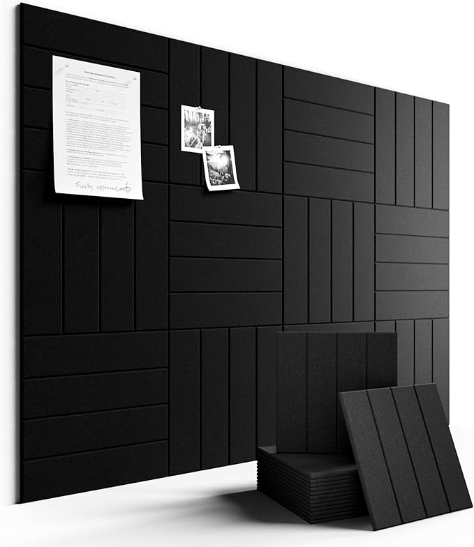Fluxynara Felt Bulletin Board Tiles Large 48" x 36" Cork Board Alternative-12 Pack with 70 Adhesive Tabs, Thick Slat Wall Panels for Office Decor, Push Pin Board Wall Organizer Alternative -Black