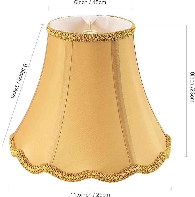 Saangseon Bell Lamp Shade, Scalloped Golden Fabric Lampshade Replacement, Softback, 6'' Top x 11.5'' Bottom x 9.5'' Slant Height x 9'' Vertical Height, Lamp Harp Included