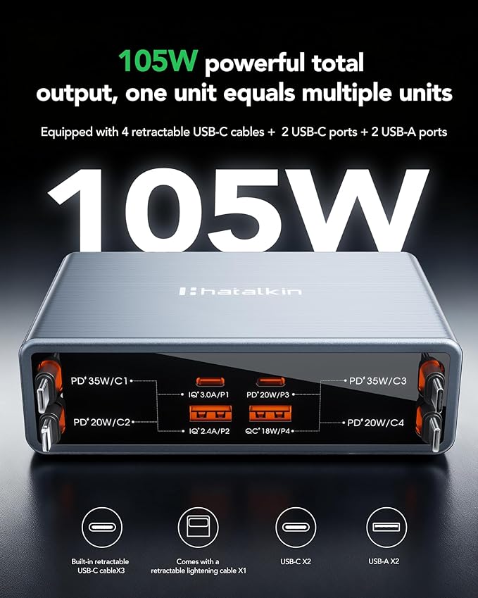 8-in-1 Retractable USB C Charger Block,105W Gan Usbc Fast Charging Station Hub for Multiple Devices,4 Retractable Cables,Type C Wall Charger Plug for iPhone 17 Pro/17/16/15/14/13/12,Galaxy,Pixel,iPad