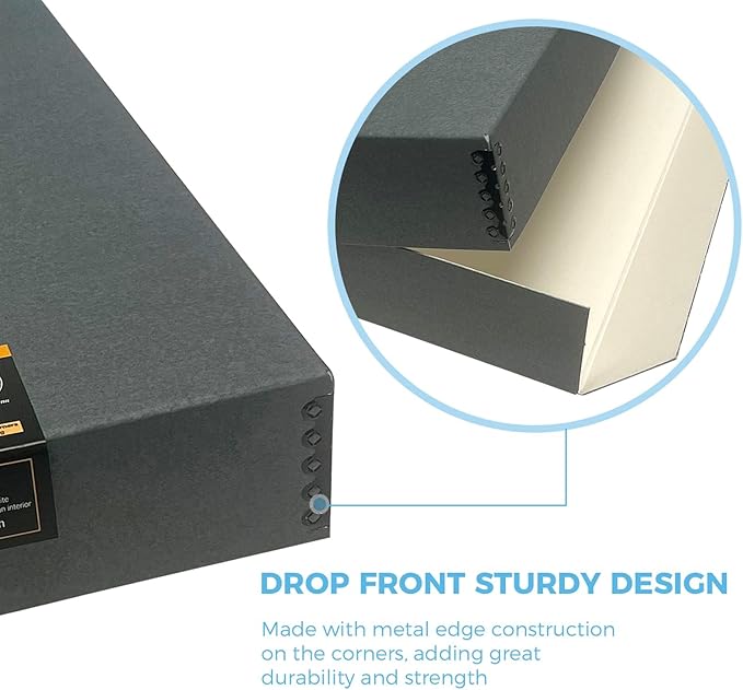 Lineco Museum Archival Storage Box, 14.75x18.75x3 in. Drop Front Design. Acid-Free with Metal Edge. Organize Photos, Pictures, Prints, Documents, Crafts, DIY. Gray, 2 Pack
