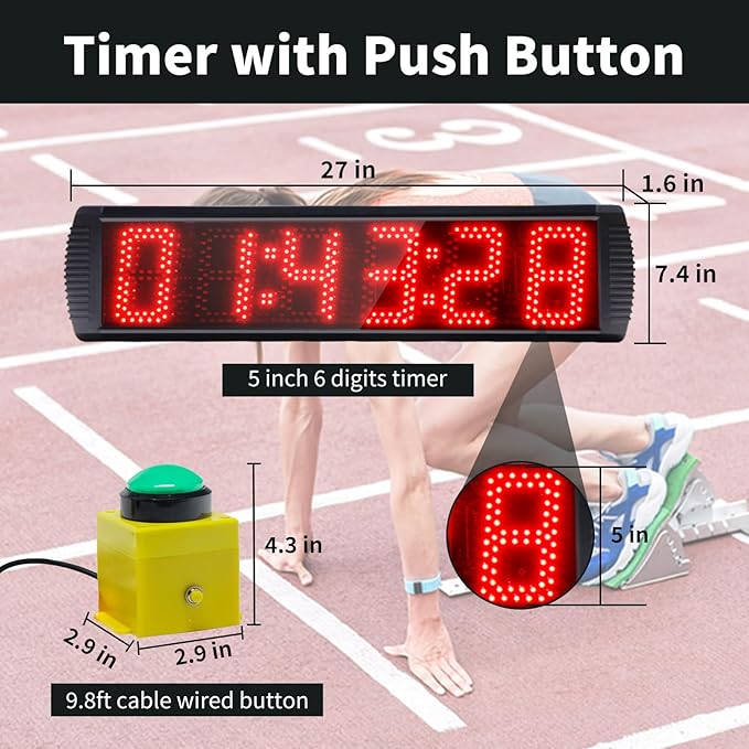 5 Inch 6-Digit LED Race Timer, Running Event Gym Timer for Countdown/Count Up, 12/24 Hour Real Time, Stopwatch with Remote Control, Portable Large Wall Clock（Button）