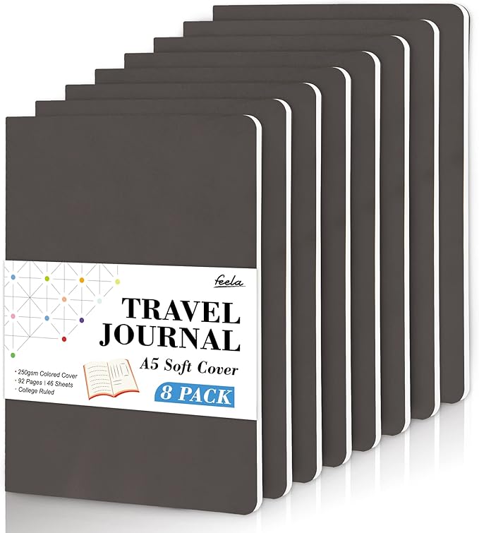 8 Pack Soft Cover Journal Bulk, Feela Notebooks College Ruled for Work, Lined Travel Journal for Women Men, Note Taking Notebook School Supplies Business Writing, 8.2” x 5.5”, A5, Gray