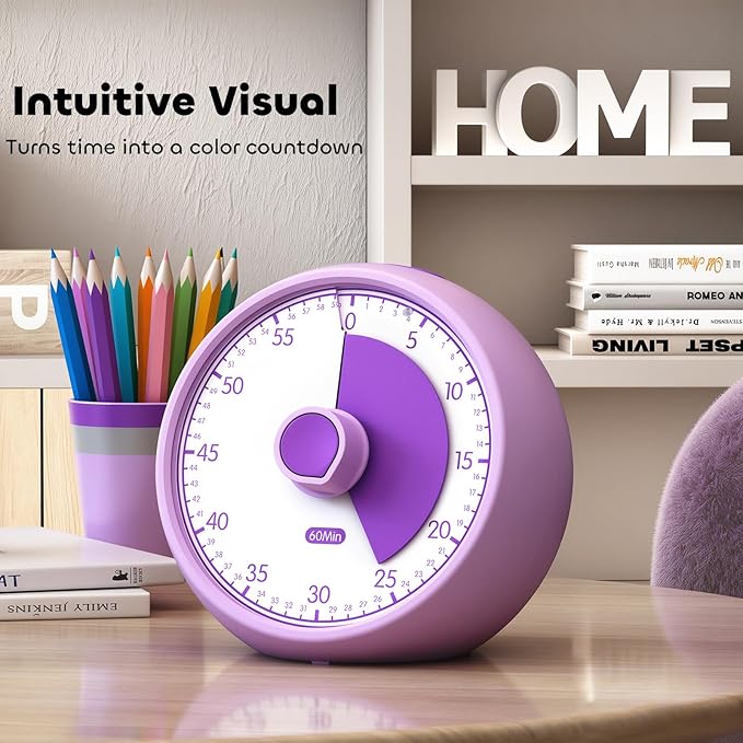 Visual Timer for Kids 60-Minute - Countdown Timer with Optional Alarm, Focus Tool for ADHD & Autism, Time Management for Homework, Chores, Office, Kitchen, Teaching & Study Routines (Purple)
