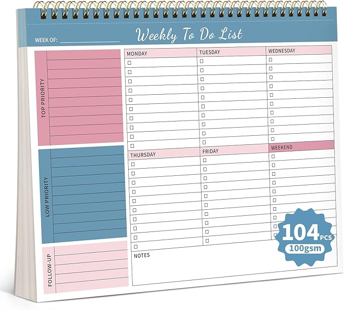 104 Pgs Weekly To Do List Notepad, 52 Duplex-Printed Undated Sheets 100 GSM（8.5"×11") Weekly Desk Planner For Work Home School Office Desk Accessories Supplies & Goal Setting Tasks - Blue