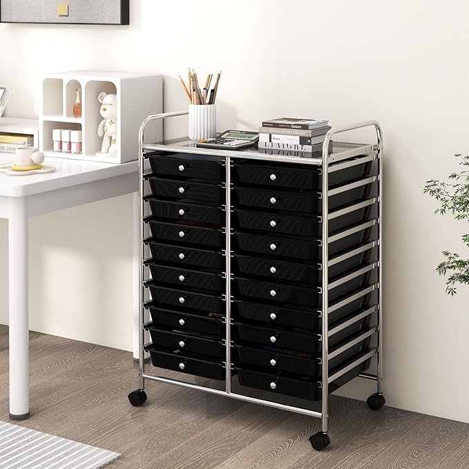 Happygrill 20-Drawer Organizer Cart Tools, Mobile Utility Storage Cart with Removable Drawers & Lockable Wheels, Rolling Storage Cart with wheels for Home Office School (Black)