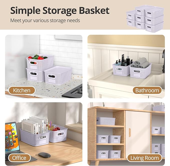 ZFTMRR Plastic Storage Basket with Lid, Stackable Small Box Bins for Organizing and Containers for Shelves Drawers Desktop Closet Playroom Pantry Classroom Office Home, 8 Pack 10.2"x7.2"x4.1" Lavender