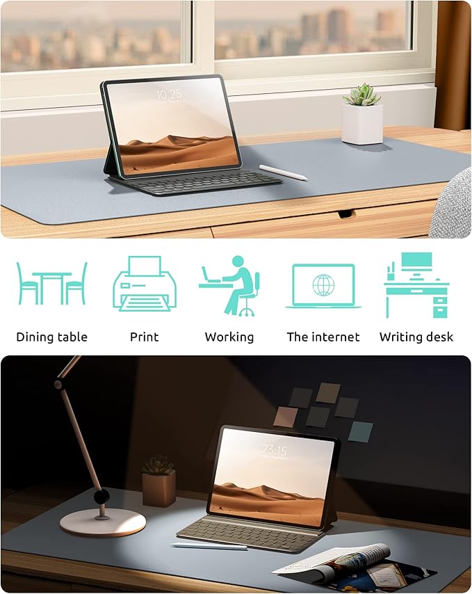 YSAGi Leather Desk Protector, Office Mat, Large Mouse Mat, Non-Slip PU Leather Blotter, Laptop Desk Mat, Waterproof Writing Pad for Office and Home (Light Grey, 35.4" x 17")