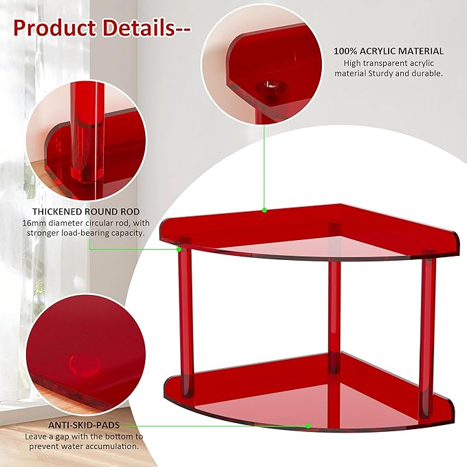 Sezanrpt 2 Tier Acrylic Corner Shelf Organizer Storage 9.5x9.5x8 Inch, Red Countertop Corner Shelf for Bathroom, Kitchen, Bedroom, Office, Study Room