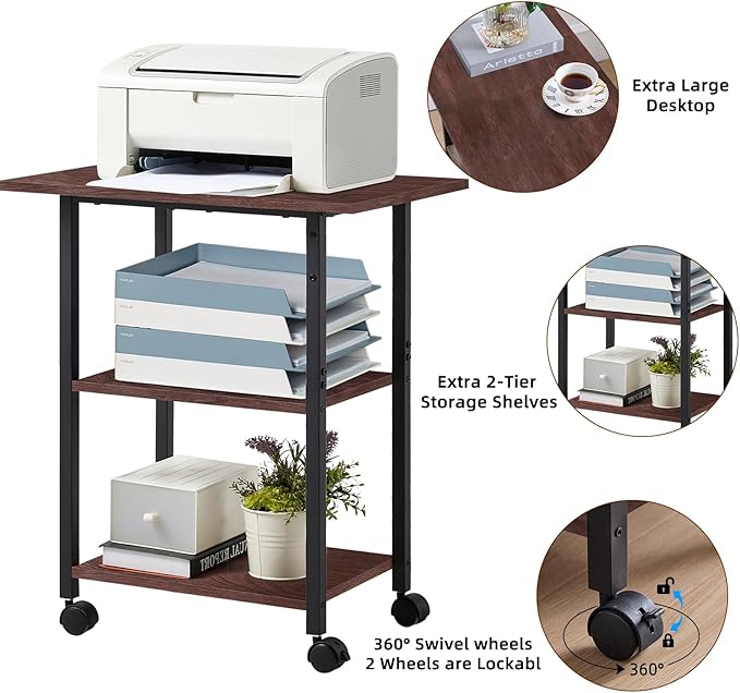 Lerliuo 3-Tier Printer Stand, Industrial Mobile Printer Table with Storage Shelf and Steel Frame, Rolling Printer Cart Holder with Lockable Wheels for Home, Office (Walnut)