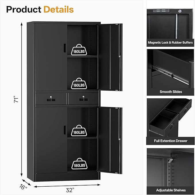 TaskStorz Metal Storage Cabinet, 71" Garage Storage Cabinet with 2 Locking Drawers and 2 Adjustable Shelves, Black Tool Cabinet, Lockable File Steel Cabinet for Home, Office, Gym, School