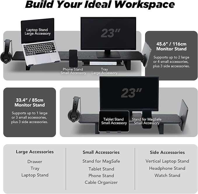 ULTRARM Moodular Wooden Monitor Stand 45.6” (116cm) Large Desk Organizer with Metal Slide Rails for Drawer, Tray, Laptop, Tablet, Phone & Headphones Customizable Riser for Organized Workspace Oak