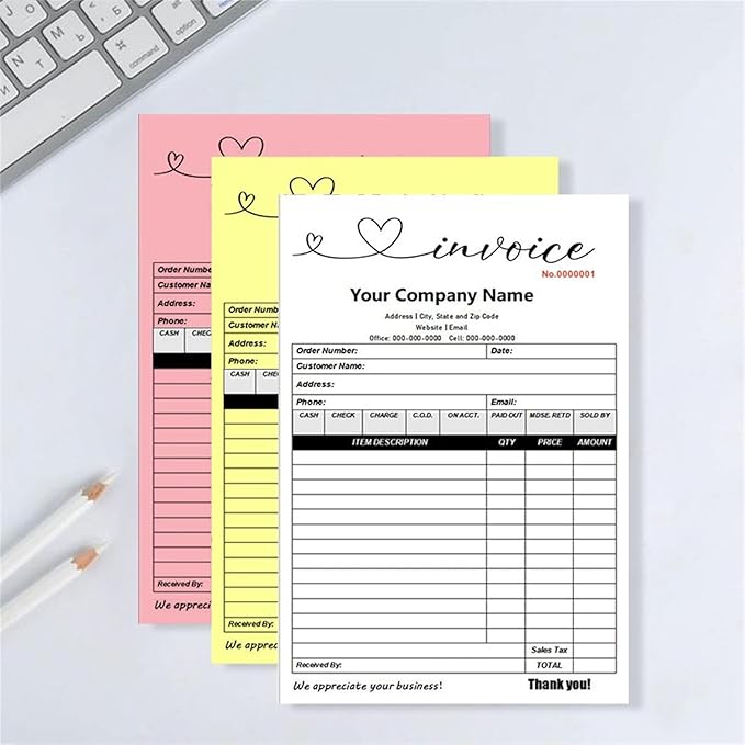 Custom Invoice Book in 3-Part /2-Part Receipt Book with Carbon Copies Personalized Carbonless Service Invoice Form Books Sales Order Book with Company Name Logo Address,F-Invoice Book