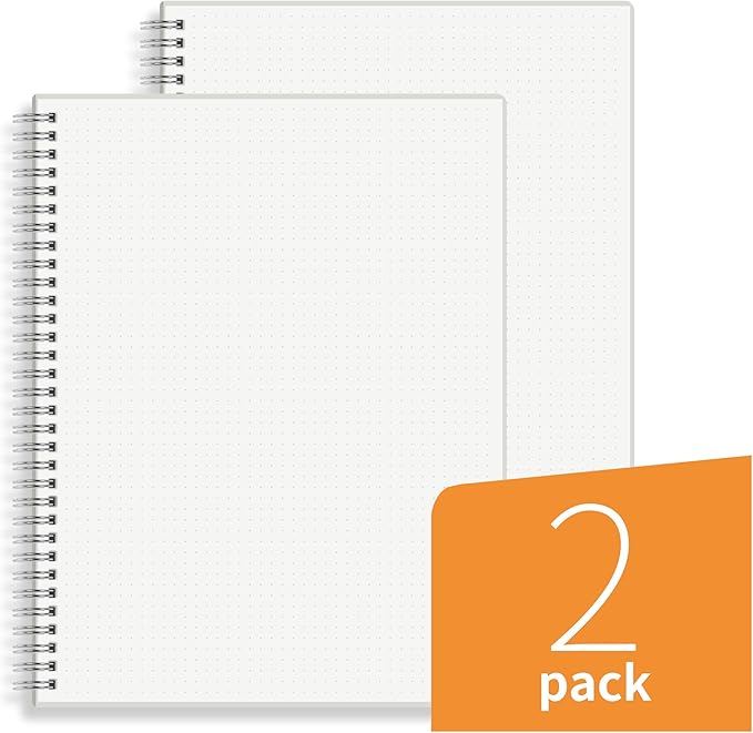 HULYTRAAT Large Dot Grid Spiral Notebook, 8.5" x 11", Premium 100gsm Ivory White Paper, Sturdy See-Through Cover, 128 Dotted Pages per Notebook(2 Pack) for Home, School, Office, Artist Writing/Drawing