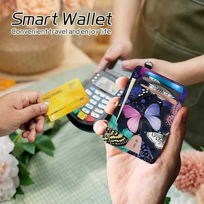 BWEGRHE Small Travel Wallets, Color Butterfly Slim Minimalist Front Pocket Wallet with Wristlet, RFID Blocking PU Leather Credit Card Holder with ID Window Change Purse for Men Women