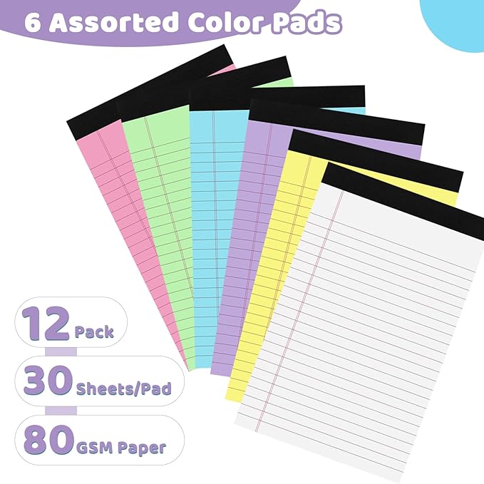 Thboxes 12 Packs Legal Pads 5x8, Totally 360 Sheets Colored Legal Pads 5x8 College Ruled Writing Pads Small Note Pads 30 Sheets/Pad Tablets Lined Notepad for School, Office, To-Do Lists