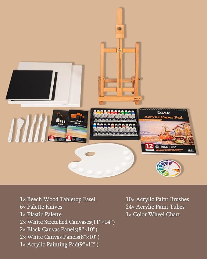 DJAR 49 pcs Acrylic Art Set with 25" Art Easel, Adjustable Beech Wood Tabletop Wooden Easel for Painting, Painting Supplies with 24 Acrylic Paints, Canvas Panels, Palette for Teens, Adults, Students