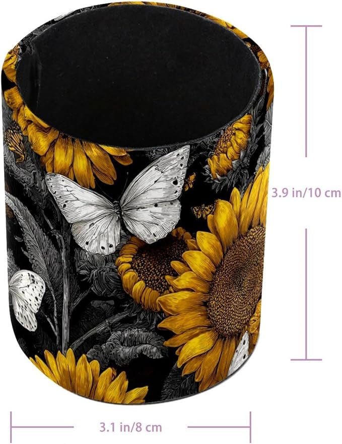 Leather Pen Holder for Desk Sunflower Butterfly Pencil Cup Desktop Organizer Makeup Brush Holders Office Supplies for Home, Kids & School