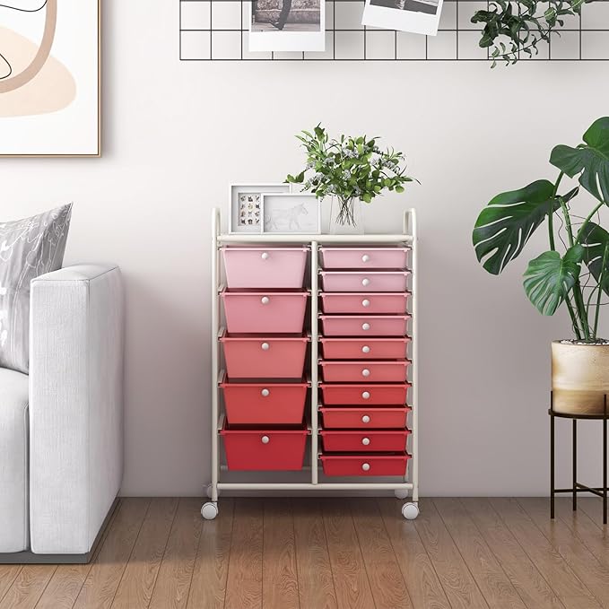 GLACER 15 Drawers Rolling Cart, Storage Cart with w/Removable Drawers & Steel Frame, Multipurpose Organizer Cart w/Sleek Handle, Utility Cart on Lockable Wheels for Home, School, Office (Pink)