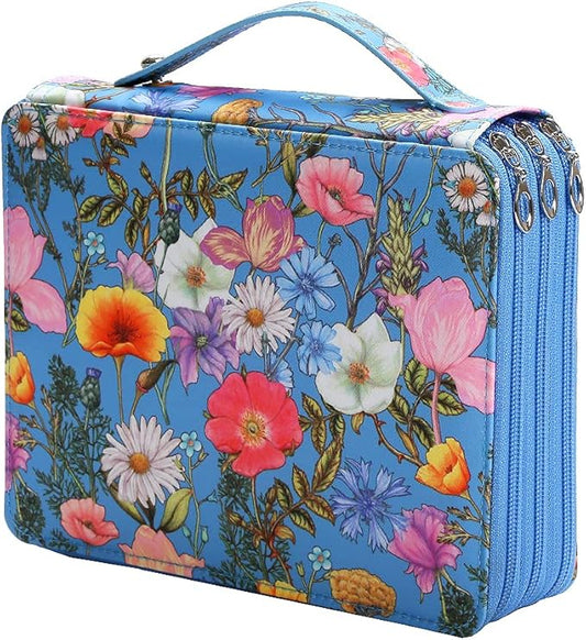 Vomgomfom Colored Pencil Case - 124 Slot Pencil Holder with Zipper Closure, Twill Fabric Large Capacity Pencil Case for Watercolor Pens or Markers, Artist Organizer (Blue Flower)