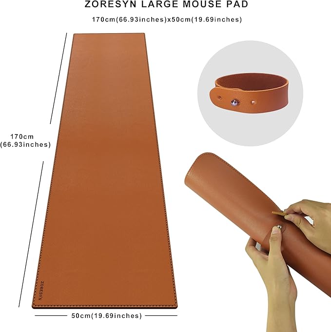 ZORESYN PU Leather Desk Mat Waterproof Anti-Oil Dining Table mat - 66.9" x 19.7" - Non-Slip Mouse Pad,Large Desk Pad with Suede Base,Stitched Edges Computer Desk Mat for Gamer,Office & Home | Brown
