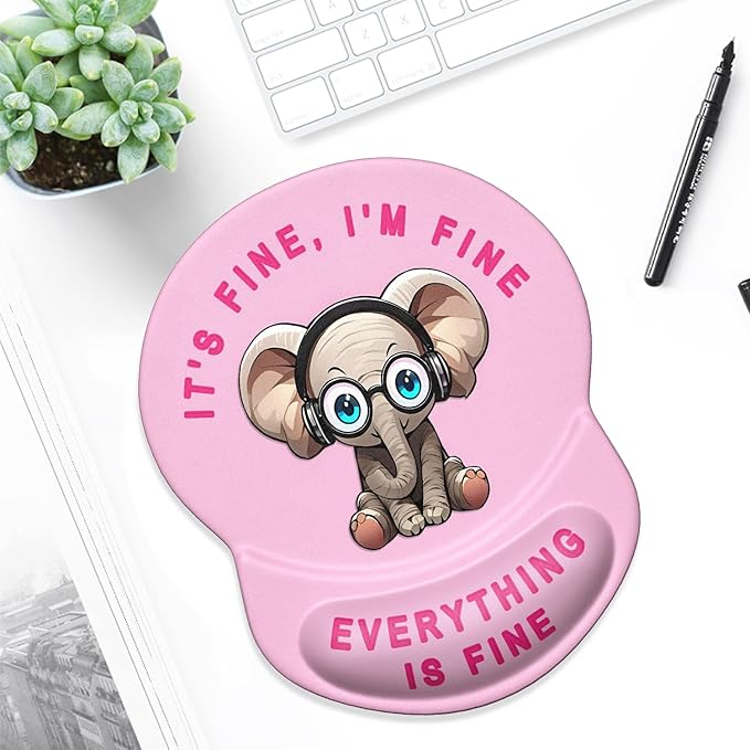 ITNRSIIET Ergonomic Mouse Pad with Gel Wrist Support Small Wrist Rest Smooth Surface Non-Slip PU Base Comfortable Office Supplies Pain Relief, 8.7 x 7.2 inches, Pink Pretty Elephant