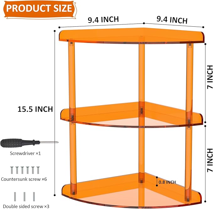 Sezanrpt 3 Tier Acrylic Corner Shelf Organizer Storage 9.5x9.5x15.7 Inch, Orange Countertop Corner Shelf for Bathroom, Kitchen, Bedroom, Office, Study Room