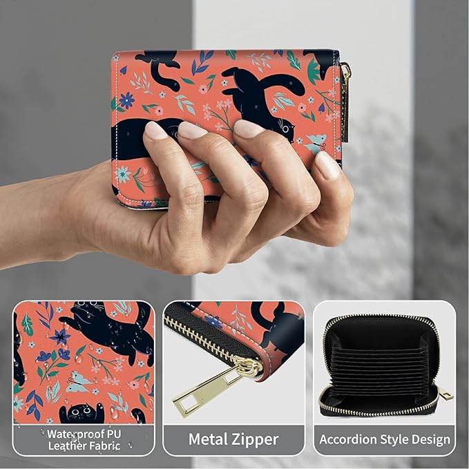 BWEGRHE Cute Credit Card Holder with Zipper, Black Cat Flowers RFID-Blocking Card Case Small Wallet for Women Men, Multi-slot Card Organizer Case Travel Accordion Wallet
