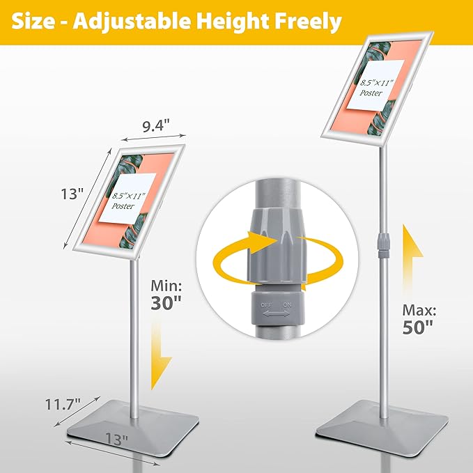 VAIIGO 8.5"x11" Pedestal Poster Sign Stand with Heavy Duty Base, Adjustable Sign Holder Standing Floor Sign Stand for Office,Store,School,Church,Public Sign Displayed Stands, Silver