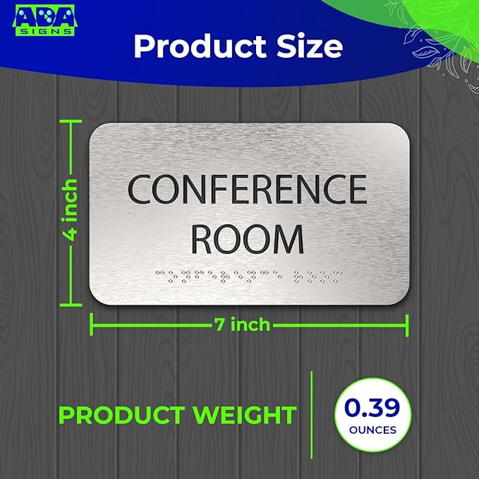 ADASigns Conference Room Sign 7" W x 4" H Durable Brushed Aluminum with Grade 2 Braille - Easy Installation with Double Sided Tape - ADA Compliant conference sign for Office, Universities & Businesses