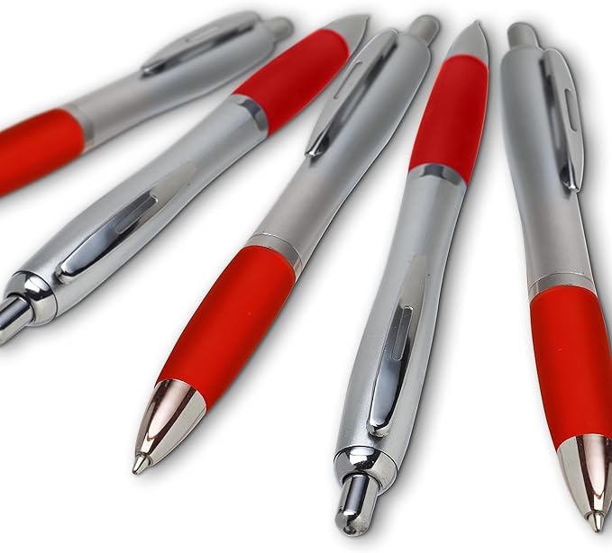 DISCOUNT PROMOS Ballpoint Pens With Rubber Grip, 10 pack, Black Ink Writing Pens in Bulk, Red