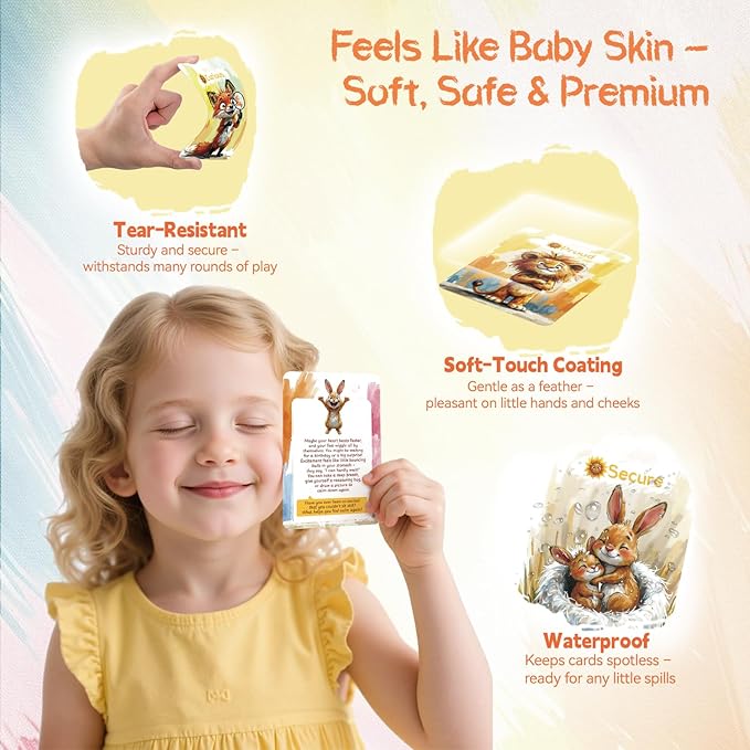 Emotion Cards for Kids – 50 Laminated Feelings & Calm-Down Cards for Classroom & Home, Soft-Touch Waterproof, Ages 3–12, SEL Tools with 60 Stickers & 6 Bracelets Stocking Stuffers