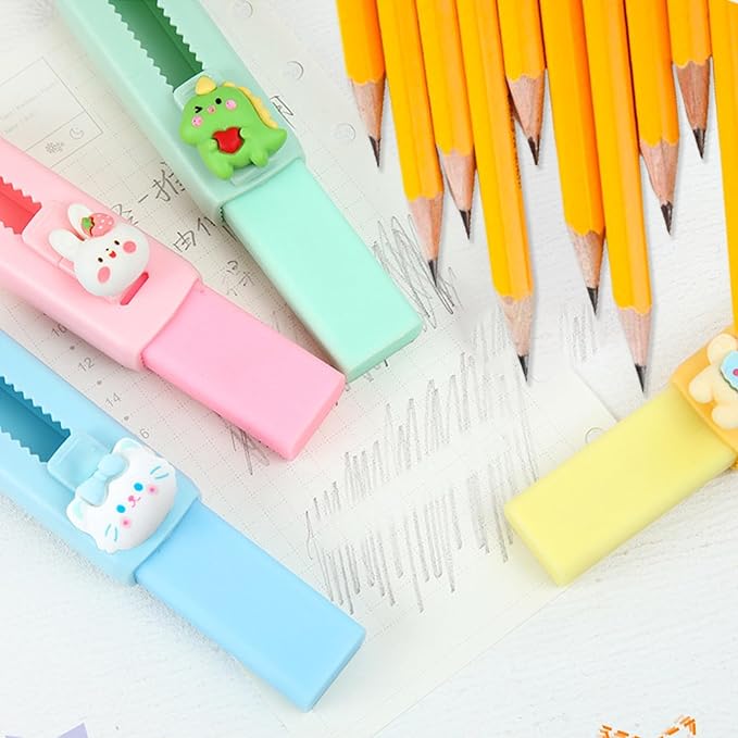 BetterJonny Sliding Retractable Eraser, 4 Color Push Pull Erasers and 8 Refills, Animal Erasers for Pencils Drawing(B)