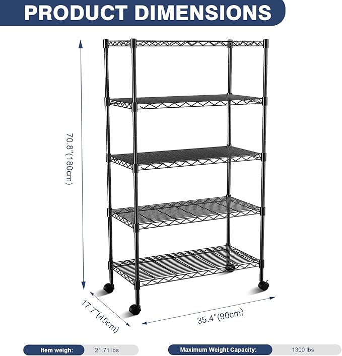 VANZBON 5-Tier Heavy Duty Wire Shelving Unit,35" Wx18 Dx71 H,Wire Shelf Racks with Wheels,Height Adjustable Storage Metal Shelves for Kitchen,Garage,Office,Living Room,Pantry,Black