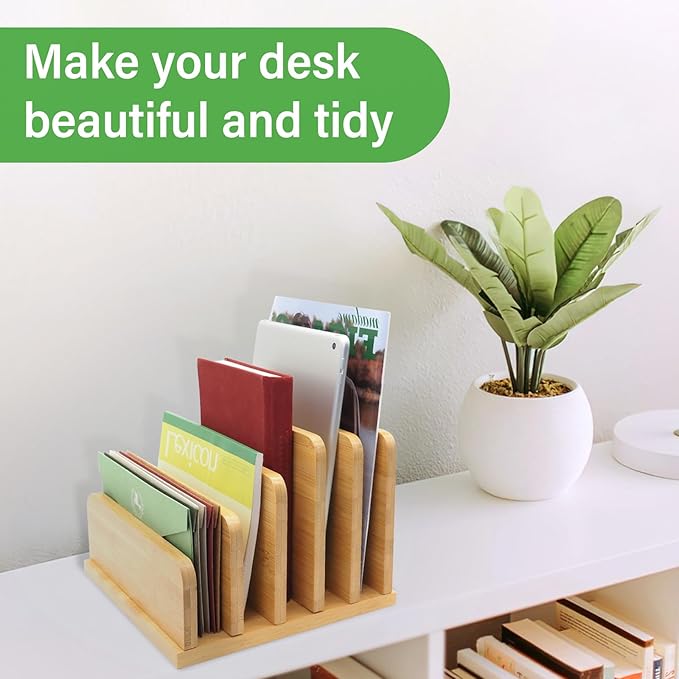 Deefielly Desk File Mail Organizer Countertop, 5 Slots Bamboo Folder Sorter Holder for Letter, Envelope, Paper, Bill Filing, Desktop Tray Organizer for Office & Home