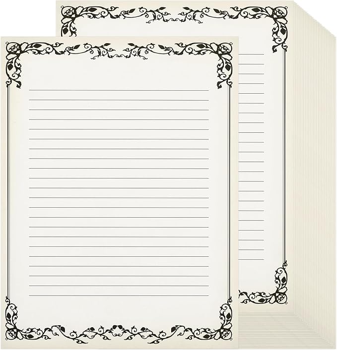 Sabary 200 Sheets Lined Stationary Writing Paper 8.5 x 11 Inch Fancy Vintage Stationery Letters Paper Lined Antique Retro Sheets for Letters Invitations Resume(Black)