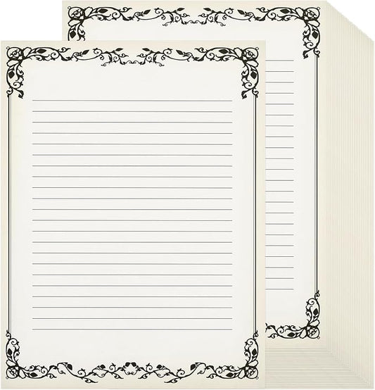 Sabary 200 Sheets Lined Stationary Writing Paper 8.5 x 11 Inch Fancy Vintage Stationery Letters Paper Lined Antique Retro Sheets for Letters Invitations Resume(Black)