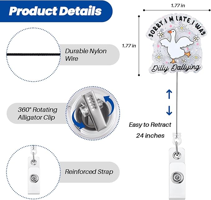 Sorry I'm Late I was Dilly Dallying Funny Silly Goose Nurse Badge Reel, Cute Retractable ID Card Pediatric Badge Holder, Name Tag Badge Buddy for RN CNA Nurse Nursing Student Teacher Social Workers