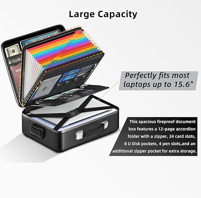 Deelhety Fireproof Document Box - 8-Layer Hard Shell Fire Proof Safe for Home Documents, Water Resistant File Organizer for Desk Money, Safety Box for Passports Certificates Laptop
