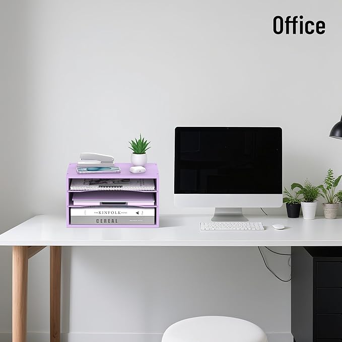 SHARKWOODS Wood Desk Organizer, 3 Tier Paper Tray Organizer for Desk with Adjustable Storage Shelves, Desktop File Organization Paper Sorter Mail Holder for Office Home Classroom, Purple