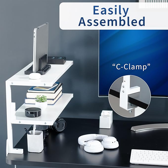 VIVO Clamp-on 24 inch Above or Below Desk 2-Tier Shelving Unit for Table Accessories, Gaming Devices, and More, Storage Tray, Desktop Organizer, White, STAND-SHELF24C-W