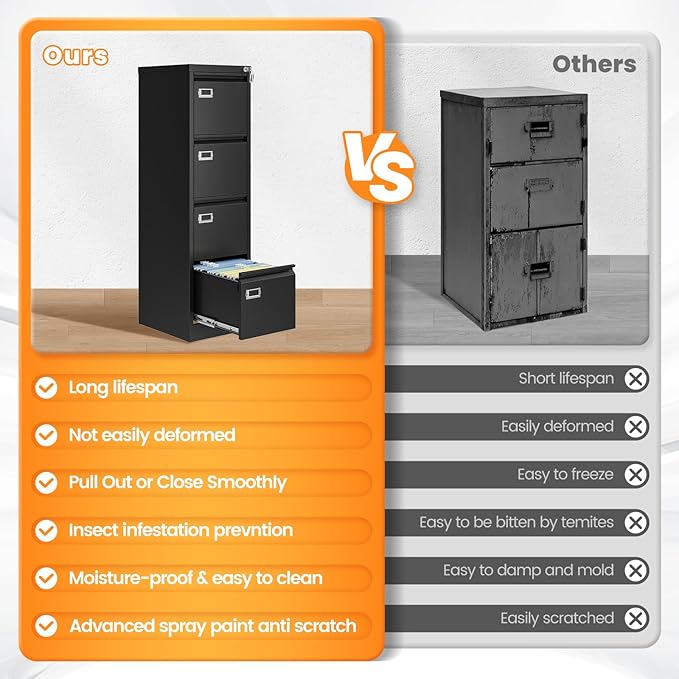 AFAIF 4 Drawer File Cabinet with Lock, Metal File Cabinets for Home Office,18" Deep Vertical Black Filing Cabinets Office Storage Cabinet for Letter/Legal / A4 / F4 Size, and File Folders