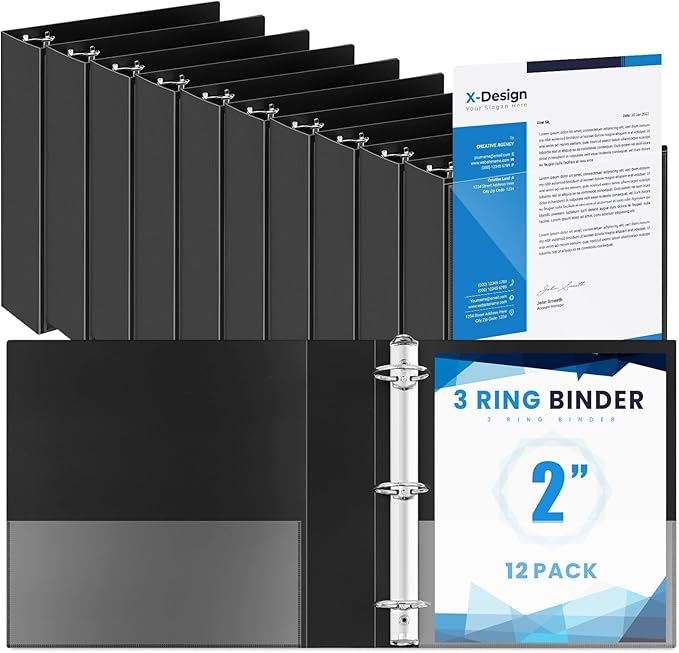 Henoyso 12 Pcs 3 Ring 2 Inch Binders Fits 8.5 x 11 Inch Letter Size Paper, Plastic Black Flexible Binders with View Cover and 2 Pockets, 375 Sheets Capacity for Office School